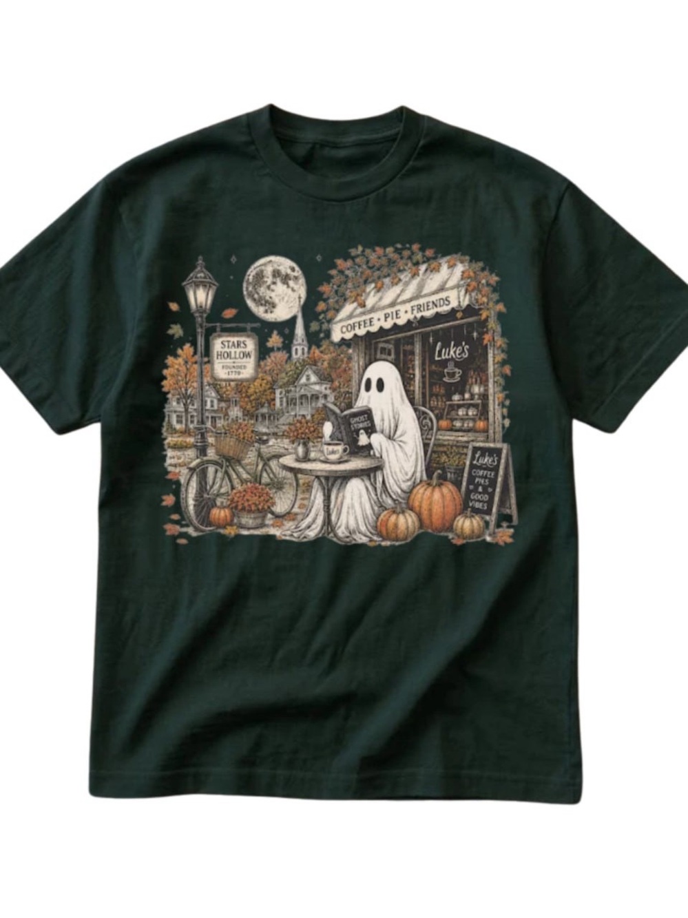 Dark Green Ghost Coffee Scene Graphic Tee